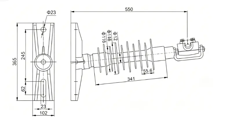 High Voltage 33kV Composite Post Insulator for Substation technical size diagram